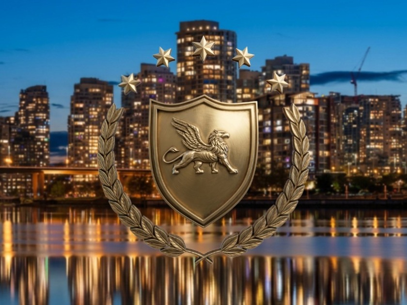 An Academy crest over a waterfront city skyline at night.