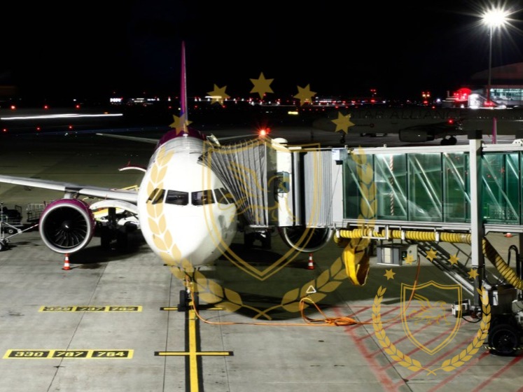 A passenger aircraft connected to a boarding bridge at night.