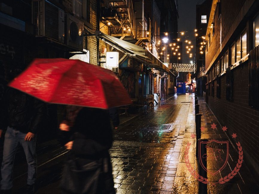 A rain-soaked pedestrian street at night, lit by storefronts and hanging lights.