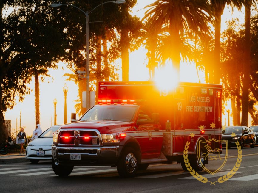 Emergency response vehicles parked on a tree-lined street in warm sunlight.
